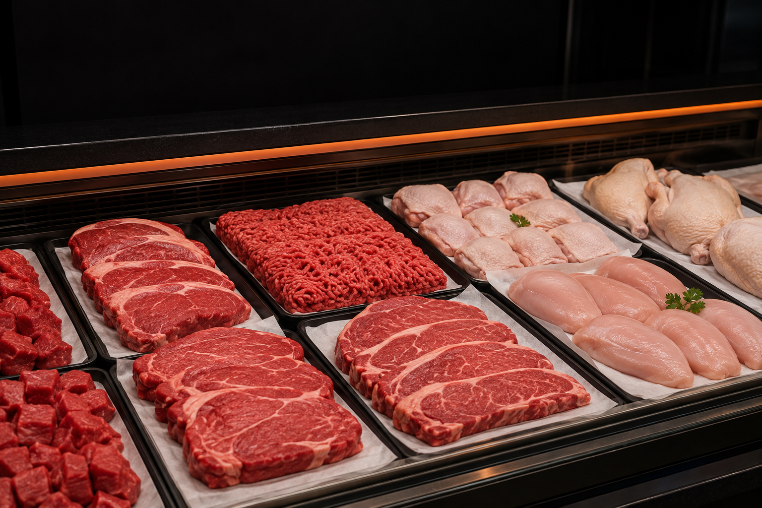 Fresh halal beef and chicken cuts in a clean butcher display